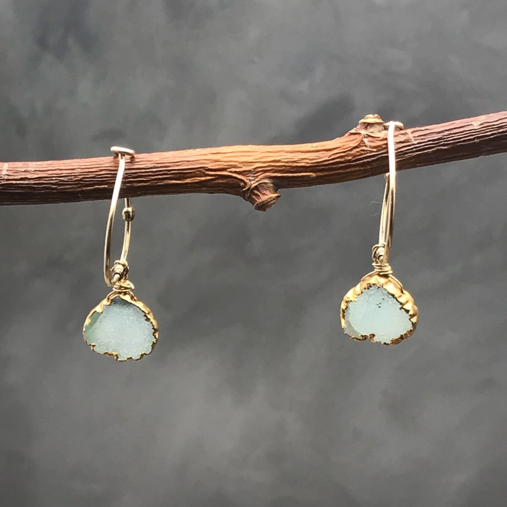 Blue gray Druzy with 14 k gold fill hoops - Picture 3 of 6